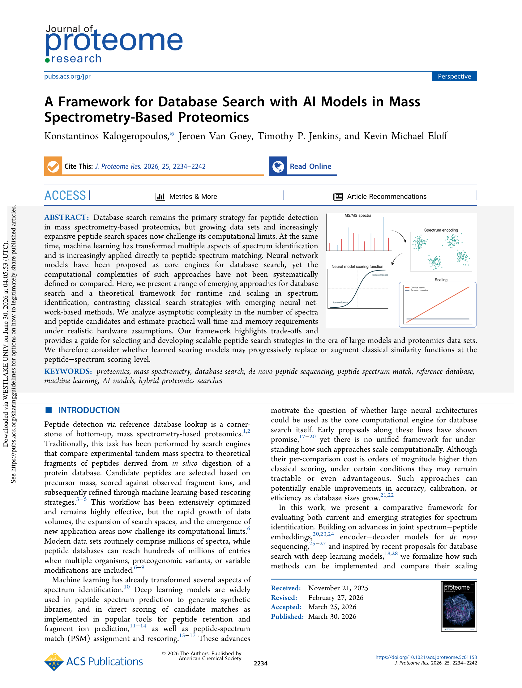 论文标题页：A Framework for Database Search with AI Models in Mass Spectrometry-Based Proteomics (J. Proteome Res. 2026)